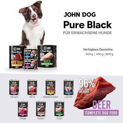 JOHN DOG Hundenassfutter Pure Black Hirsch - Premium Getreidefreies Hundefutter mit 96% Fleisch - Monoprotein Nassfutter für ausgewachsene Hunde 6 x 400g