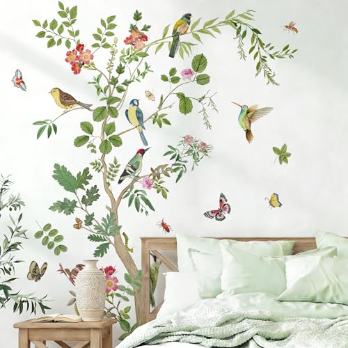 Prabahdak Large Green Tree Wall Decals Floral Tree Branch with Birds Peel and Stick Removable PVC Wall Stickers for Living Room Bedroom Nursery TV Background Home Art Decor