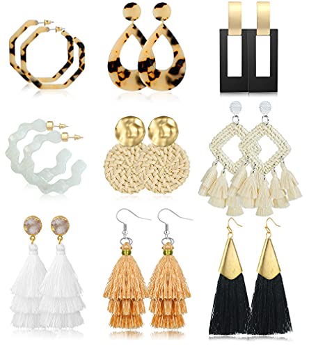 Sunssy 9 Pairs Tassel Earring Rattan Earring for Women Girls Lightweight Acrylic Tassel Earring Geometric Statement Woven Bohemian Earrings Acrylic Hoop Drop Dangle Earrings