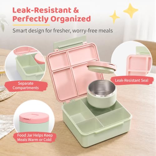 Image of Bento Lunch Box with 8oz Soup Thermo, Kids Leakproof Lunch Food Containers with 4 Compartment, Kids Thermo Insulated Hot Food Jar for School, Trvael (Green-Pink)