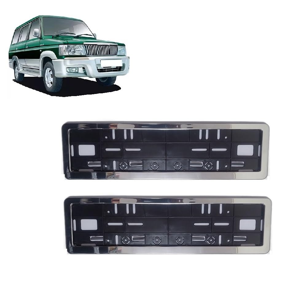 Car Front| Rear Side Premium Number Plate Frame Protector Cover with Silver Chrome Border [ Pack of 2 ] Suitable for Toyota Qualis