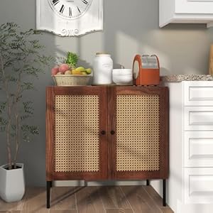 Giantex buffet cabinet wood sideboard storage cabinet with rattan door 3 position adjustable shelf freestanding coffee bar accent cabinet kitchen cupboard organizer for living room hallway  urban country home decor