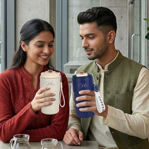 Image of Giftana Mr and Mrs Coffee Tumbler Set of 2, Premium Travel Mug Gift Set, 420ml Blue & White Tumblers for Couples, Newlyweds, Husband & Wife, Bridal Shower, Wedding, Anniversary and Engagement Gifts