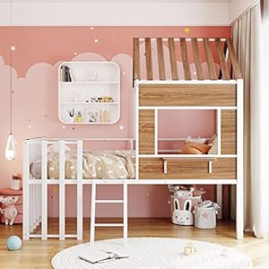 Harper & Bright Designs Kids House Beds Low Loft Bed Frame with Roof, Window, Guardrail and Ladder, Metal Twin Size Loft Bed for Kids Teens Girls Boys (Twin, White) Harper Bright Designs Kids House Beds Low Loft Bed Frame with Roof Window Guardrail and Ladder Metal Twin Size Loft Bed for Kids Teens Girls Boys Twin White
