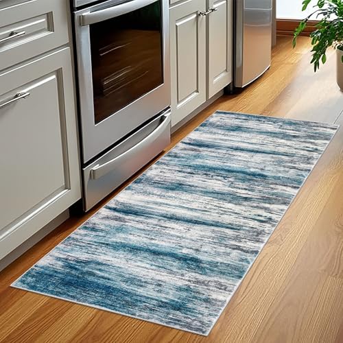 KOZYFLY Modern Abstract Hallway Runner Rug, 2x5 Washable Rug Runner Non-Slip Soft Striped Kitchen Runner Rugs, Print Distressed Blue Carpet Runner for Entryway Bathroom Laundry Room Foyer