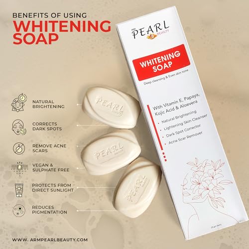 Image of Pearl Whitening Soap with Kojic Acid & Papaya | Skin Brightening Bar for Dark Spots, Acne Scars, Pigmentation | Deep Cleanser for All Skin Types | 3 x 75g Soaps