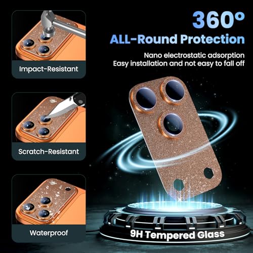 Image of Uyiton Compatible with iPhone 17 Pro Camera Lens Protector, Glitter Orange | Bling [Not Easy to Break][Strong Adsorption][Case-Friendly] Metal Tempered Glass Rear Camera Screen Cover