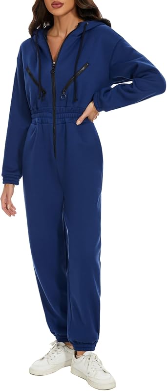 Women Fleece Jumpsuits Long Sleeve Zip Up Hoodie Romper One Piece Outfit with Pockets