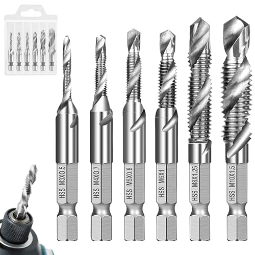 6 pezzi Punte Trapano Maschi Countersink Tap Kit, M3 M4 M5 M6 M8 M10 Maschio per Filettare con Attacco Esagonale, con Rivestimento Antiruggine Maschiatura Combinati, per Plastica, Metallo, Legno