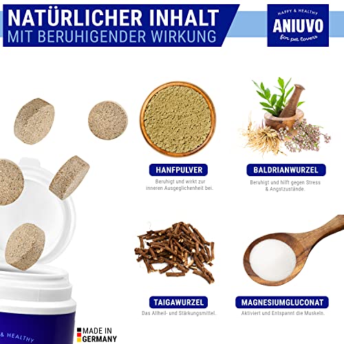 ANIUVO® Relaxtabletten [90 Stück] Natürliches Beruhigungsmittel für Hunde mit Baldrian, Hanfpulver, Taigawurzel & Magnesiumgluconat - Hunde Beruhigungsmittel gegen Stress & Angst - Made in Germany
