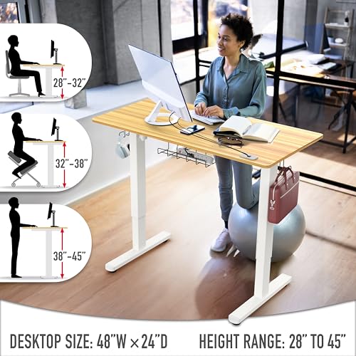 Image of SHW 48-Inch Electric Height Adjustable Standing Desk with Drawer, Memory Preset and Cable Management Tray, Oak