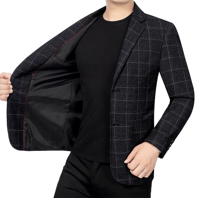 Mens Black Plaid Casual Two Button Lined Cotton Twill Suit Jacket for Daily Party Business2