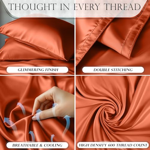 DECOLURE Satin Bed Sheets - 4 Piece Luxury Silky Twin Size Bedding Set - Softer Than Silk, Wrinkle-Free with 15” Deep Pocket Fitted Sheet, Perfect for Hair & Skin, Gifts for Women (Burnt Orange) — view 3
