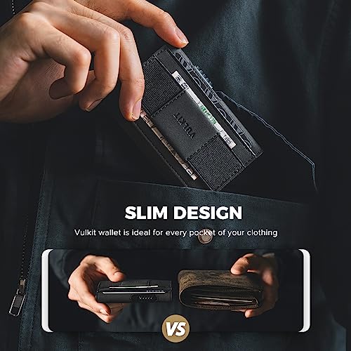 VULKIT Mens Minimalist Wallet for Max. 8 Cards with Pop-Up Credit Card Ejector RFID Blocking, ID Window and Elastic Strap for Bills or Keyring, Gift Box Packed, Black3