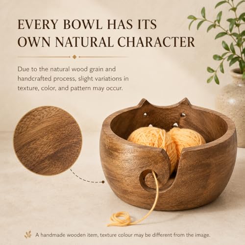 Image of Large Cat Yarn Bowl, 7 x 4 Inch Wooden Crochet Holder | Mango Wood, Holds 2-3 Yarn Balls, 5 Hook Slots, Tangle-Free, Smooth Finish, Cat Shape, Giftable