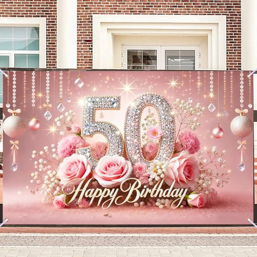 Image of Nuxovilar 50th Birthday Banner - Elegant Pink & Gold Floral Backdrop