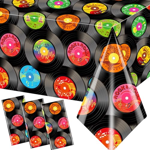 Image of 3Pcs Rock and Roll Tablecloth, 1950's Rock and Roll Music Party Decorations Plastic Rectangular Record Table Covers for 50's Theme Rock Music Birthday DJ Party Supplies