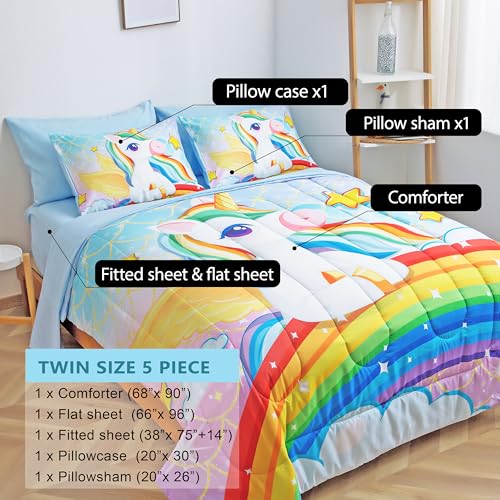 Image of Unicorn Bedding Twin Size for Girls - 5-Piece Kids Twin Comforter Set with Sheets, Pillowcase & Sham, Rainbow Pink Bed in a Bag