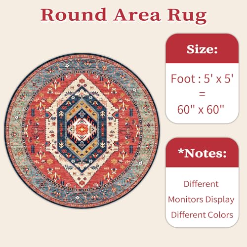 SERISSA Boho Round Area Rug, 5ft Washable Non-Slip Circle Rug, Ultra Soft Oriental Vintage Rust Low-Pile Circular Carpet for Bedroom Entryway Kids Room Office College Dorm Living Room