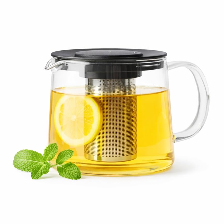 Point-Virgule Théière en verre avec infuseur à thé en inox, service a the, noir, 600ml