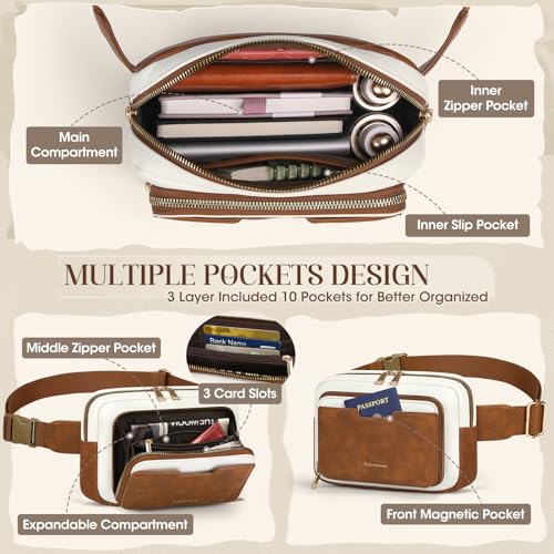 Image of RAINSMORE Fanny Packs for Women, Leather Belt Bag Waterproof Everywhere Crossbody Waist Pack with Adjustable Strap Retro Sling Chest Bag for Work Running Travel Party, Brown with White