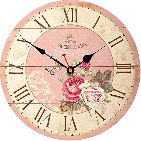 VIKMARI Home 14 Inch Battery Operated Silent Non-Ticking Vintage Wall Clock Design Wooden Round Roman Numerals Indoor Clocks Rose Pink Style Wall Clocks Cover