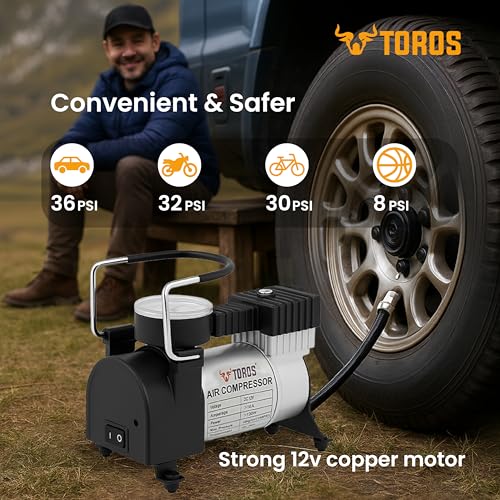 Image of TOROS Classic Heavy-Duty Tyre Inflator /Air Compressor,180 Watts, Copper Armature, Metal Cylinder, 35 Liters Per Minute, 12V Dc, 150 Psi