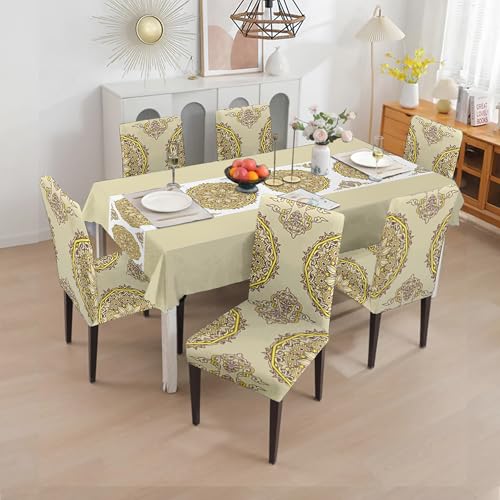 Image of Amazon Basics Dining Table Cover with 6 Chair Covers|Table Cover: 100% Polyester Woven Fabric 140 GSM, 220Cm X 140Cm|Chair Cover: 95% Polyester & 5% Spandex 110 GSM, 50Cm X 40Cm|Beige, Rectangular