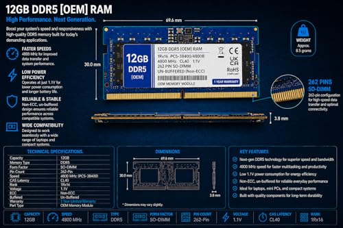 Image of 12GB DDR5 4800MHz OEM Laptop RAM Compatible with RAMAXEL [Key Specs: PC5-38400 /4800B | 262-Pin SO-DIMM | CL40 | 1Rx16 | 1.1V | Non-ECC] | 1 Year Seller Warranty