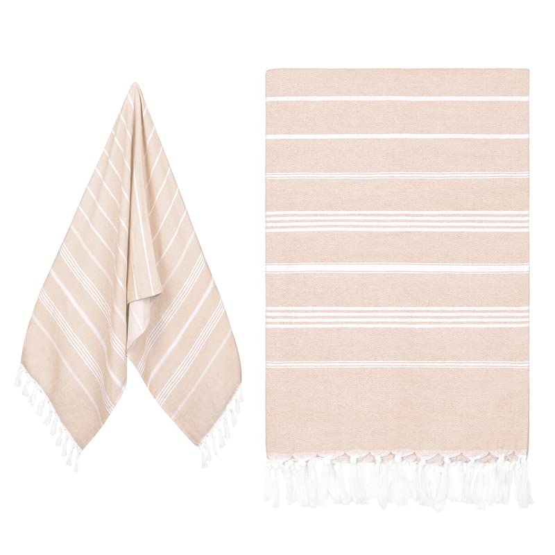 Toalla Playa Grande Algodón 80x190cm Originales Fouta Beach Towel con Flecos, Seca Rápida, Sin Arena, Color Caramelo