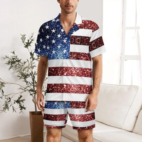 U.S.A. Flag Red Blue Sparkles Glitters Short Sleeve Pajama Set for Men Button Down Pjs Loungewear Top Shorts4