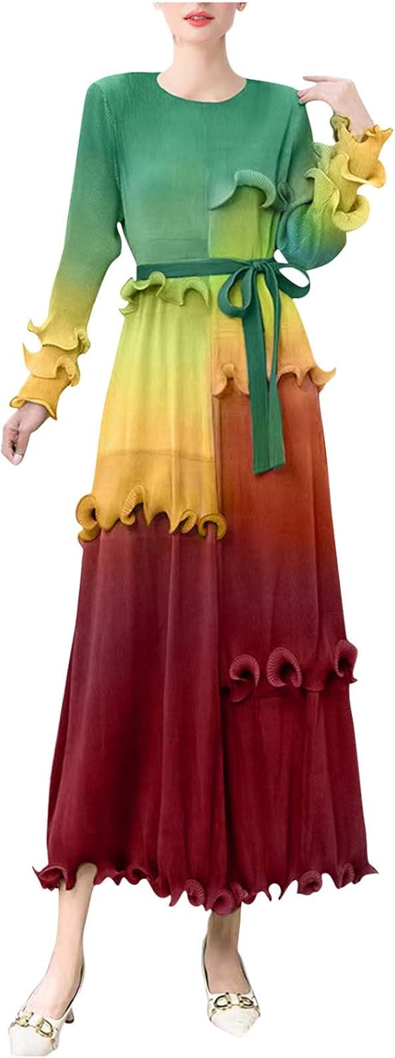 FZYLQY Womens Gradient Ruffle Maxi Dress Long Sleeve Elegant Belted Pleated Ombre Dress Flowy Chiffon Party Evening Gown