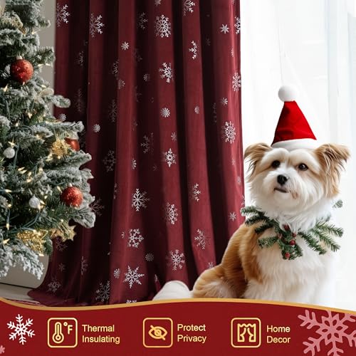 Image of Beauoop Christmas Red Velvet Curtains 96 Inches Long 2 Panels for Bedroom Living Room Silver Snowflake Holiday Decor Burgundy Thermal Insulated Room Darkening Rod Pocket Window Treatments Drapes 52X96