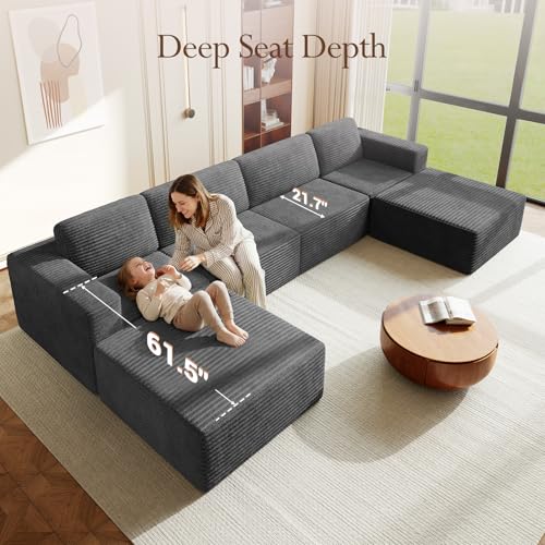 Image of Vesgantti 159 inch Large Modular Sectional Sofa, U-Shaped Corduroy Cloud Couch with Deep Seats & Spring Support, 4-Seater Boneless Sofa with 2 Movable Ottomans, No Assembly Needed, Grey