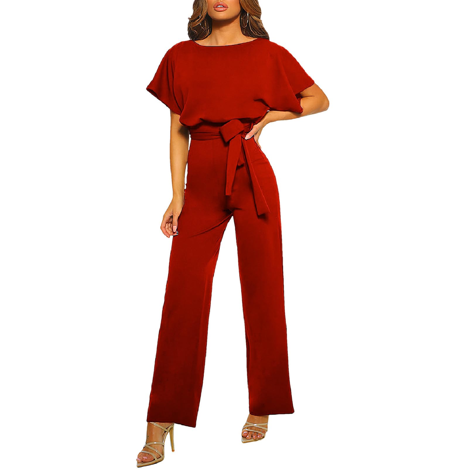 amropi Femmes Combinaison Manches Courtes Barboteuse Jumpsuit Élégant Pantalon Casual Combishort avec Ceinture
