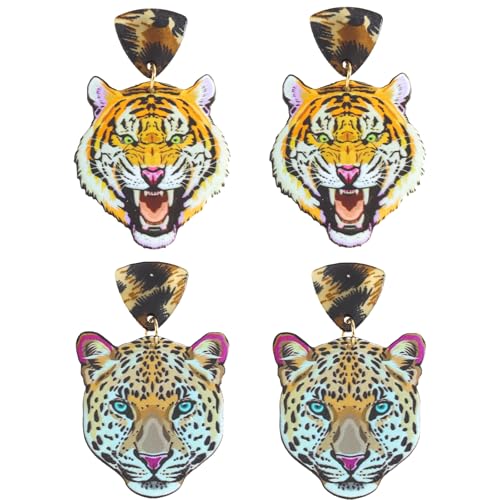 2 Pairs of Acrylic Tiger Leopard Head Earrings Set for Women, Exaggerated Bold Animal Print Dangle Earrings, Lightweight Statement Jewelry for Casual Party Wear