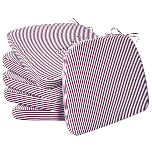 Image of AAAAAcessories D-Shaped Chair Cushions, 2 inch Thick Dining Chair Pads with Ties and Removable, Machine-Washable Cover, 17 inch x 16 inch, Set of 6, Pinstripe Red