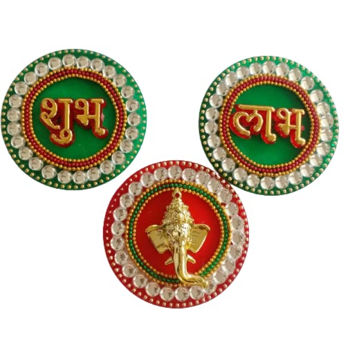 Image of P.A.Decorative Shubh-Labh-Ganesha Main Entrance Hanging Acrylic Stickers for Main Door /Wall Decoration[3piece],Golden