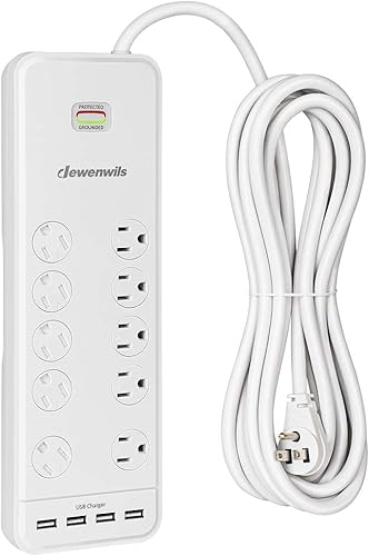 DEWENWILS Regleta de protección contra sobretensiones de 10 salidas con 4 puertos USB, cable de extensión de 15 pies de largo, enchufe plano de