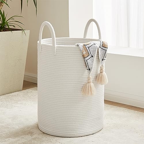 Image of Cotton Rope Laundry Hamper by YOUDENOVA, 58L - Woven Collapsible Laundry Basket - Clothes Storage Basket for Blankets, Laundry Room Organizing, Bedroom Storage, Clothes Hamper – White