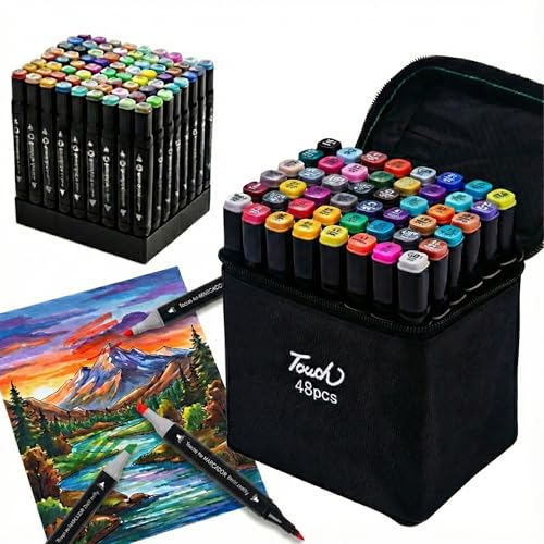Kit Canetinhas para Colorir 48 Cores Inclui Base Organizadora– Canetas Dupla Ponta Profissionais | Canetinha Marcador Lápis de Cor para Pintura, Desenho, Escola e Artesanato