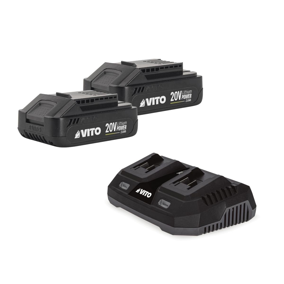 VITO – Pack de 2 baterías de litio de 20 V y 2 Ah + cargador inalámbrico dual