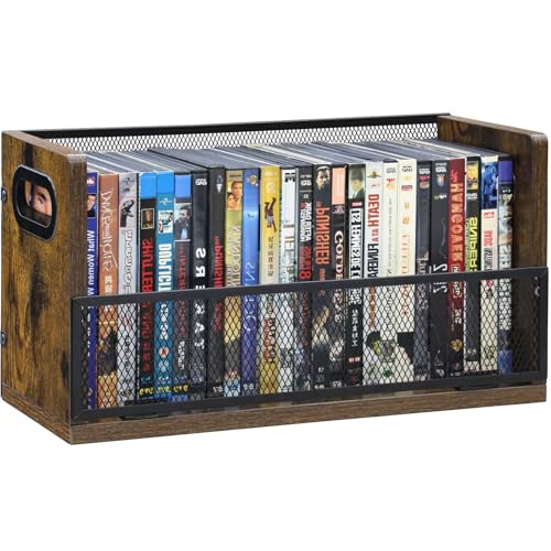 Salajory Organizador de estojo de DVD – Rack de armazenamento de DVD com alças comporta 28 capas completas de DVD, 32 capas de Blu-ray, rack de Blu-ray para desktop ou armário, prateleira de DVD