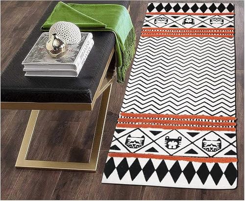 Image of Hand Woven 100% Natural Cotton Export Quality Designer Rug,Carpet, Bed Side Runner for Bedroom,Living Room, Size-2x5 feet or 60 cms x 152 cms (Rust & Black)