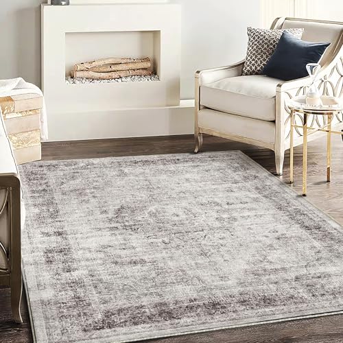 Area Rug 5'x7' Washable Rug Floral red Vintage Traditional Floor Cover Thin Retro Kitchen Indoor Distressed Non Slip Carpet for Living Room Bedroom Dining Room