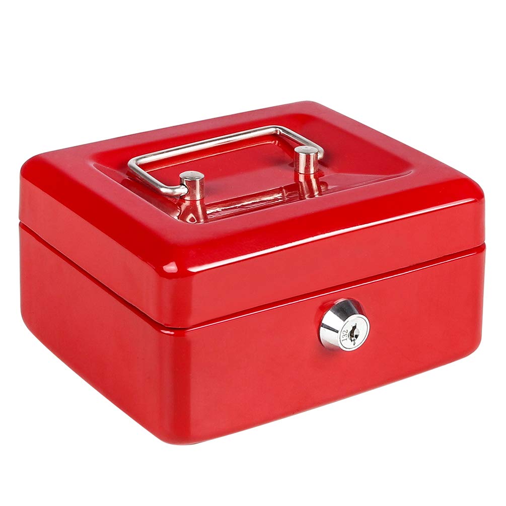 Cash Box with Money Tray, Parrency Small Money Box with Key Lock, 6" x 4 4/5" x 3", Red