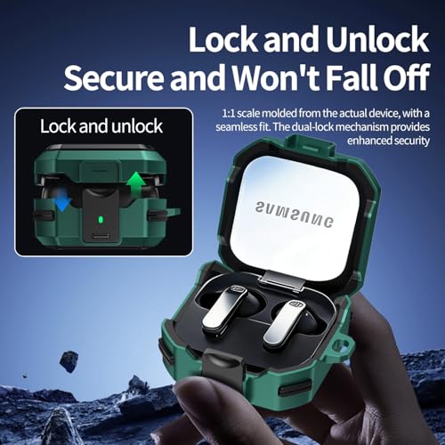 Image of Hybrid Lock Armor Case Cover for Samsung Galaxy Buds 4 and 4 Pro, Rugged, Shockproof with Heavy Duty Carabiner (Dark Green, Armor with Lock)
