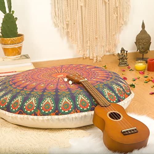 Mandala Life ART Bohémien Yoga Décor Housse de Coussin de Sol - 75cm - Taie d'oreiller Tapis de Méditation Ronde - Décoratif Pouf Tapis en Coton imprimé