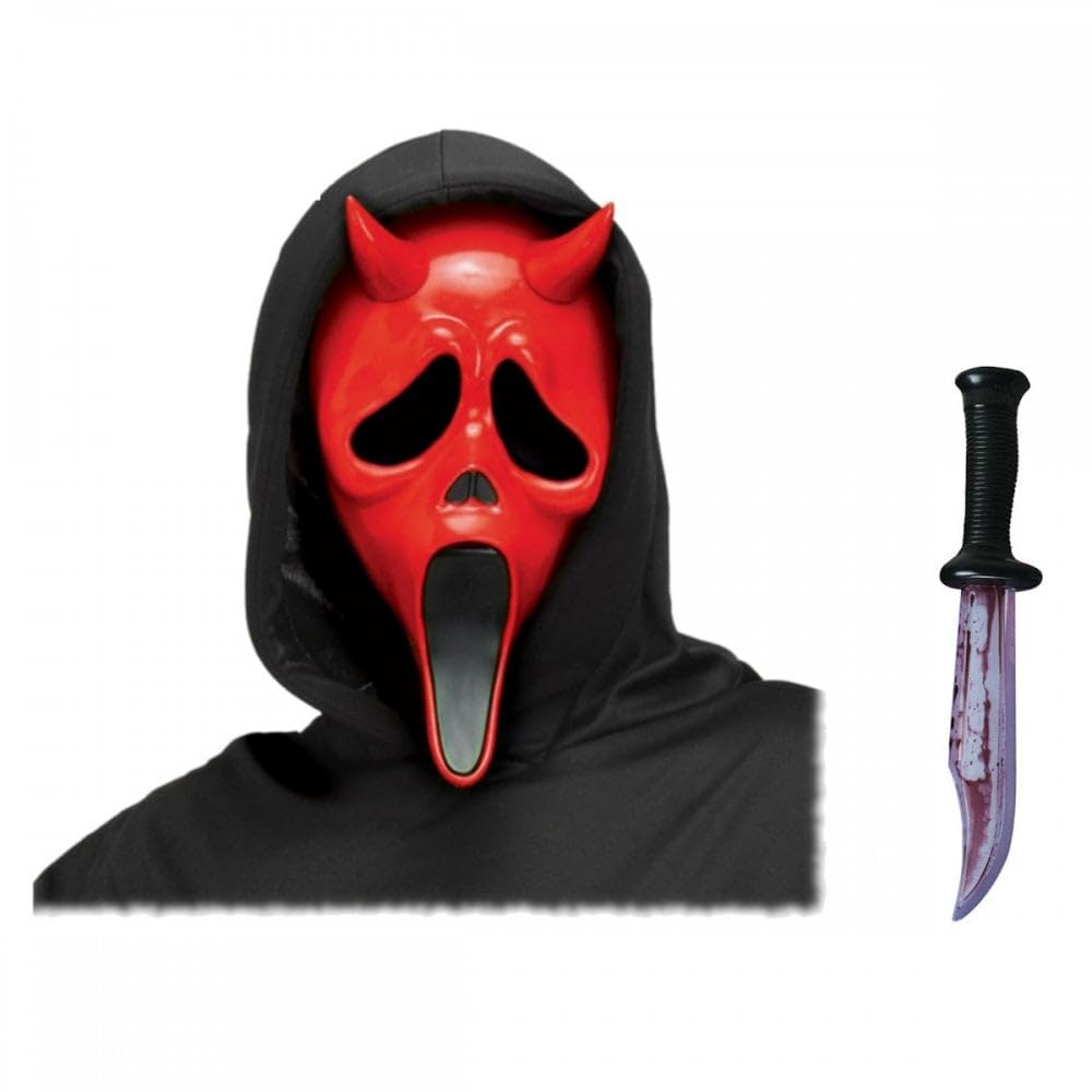 Officially Licensed Scream Ghost Face Mask + Knife Options : Adults Men Women Halloween Film Horror Fancy Dress Costume Accessory Set (Devil Mask & Bloody Blade)