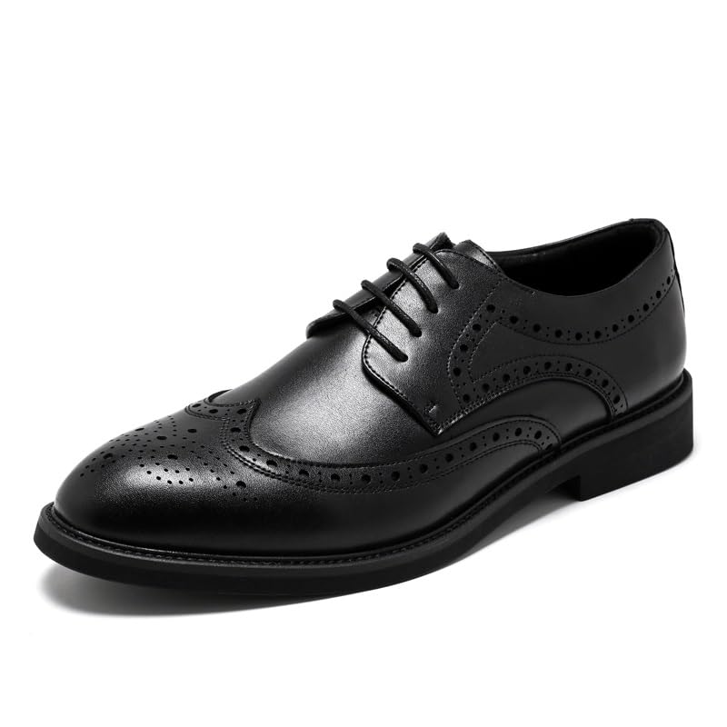 Dress Shoes for Men Lace Up Round Toe Brogue Embossed Wingtips Derby Shoes Slip Resistant Block Heel Low Top Rubber Sole Non Slip Prom(9.5)